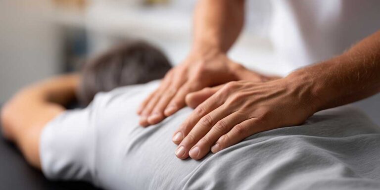 A person at home applying an ice pack to their lower back while sitting on a couch, with a cozy living room in the background.